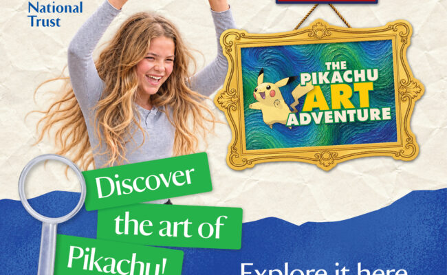 A poster showing a young, excited girl with the words 'Discover the art of Pikachu' and 'Explore it here this autumn'