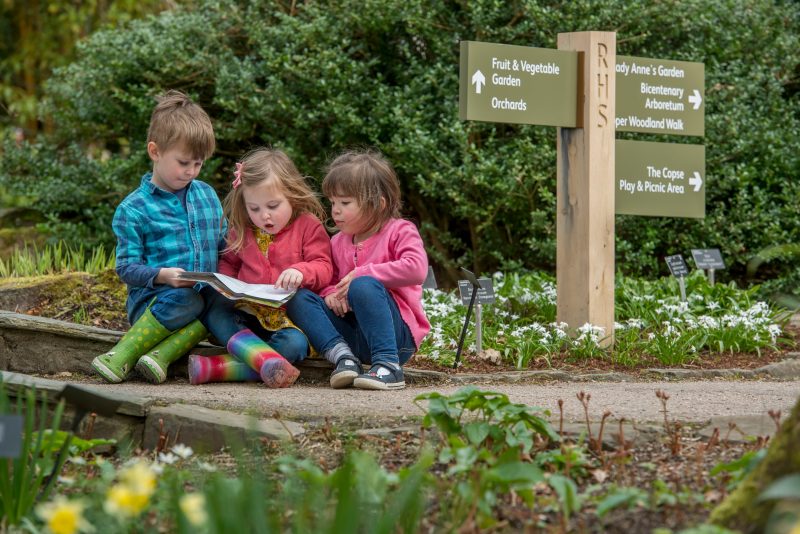 children on the spring trail looking at a trail map