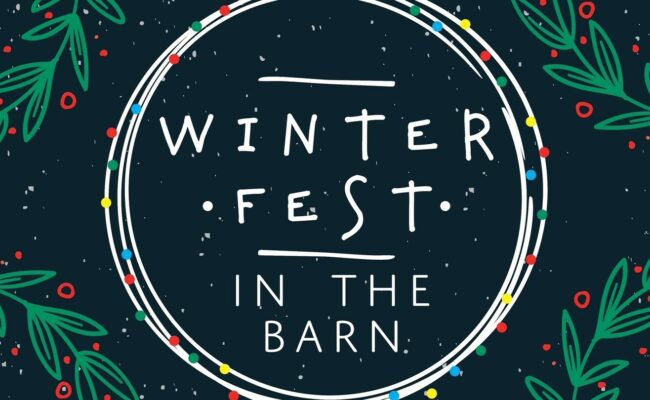 Winter Fest poster - winter fest in white wriiting with blue background and holly in the corners.