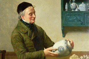Painting of a man holding a blue pot