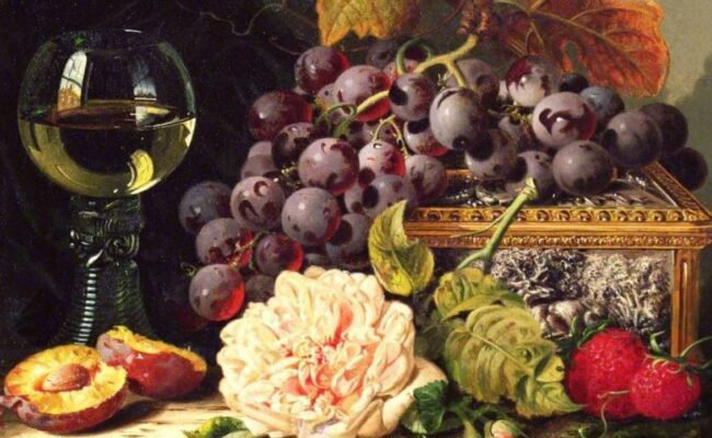 detail of an oil painting showing a glass of wine, grapes and other fruit, and a pink rose