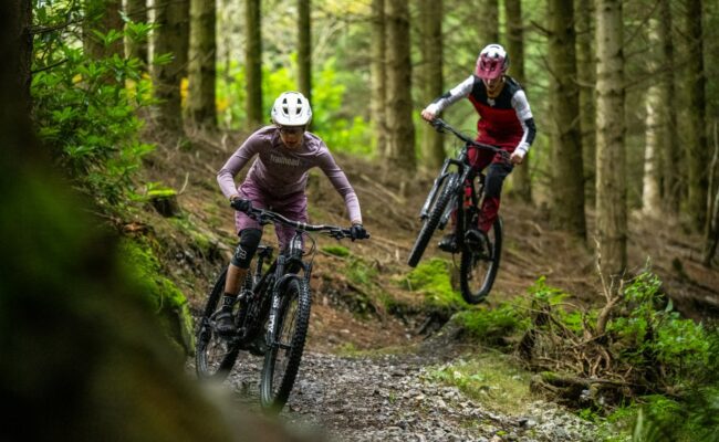 Two mountain bike riders on a technical singletrack forest trail