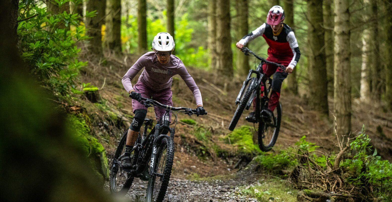 Two mountain bike riders on a technical singletrack forest trail