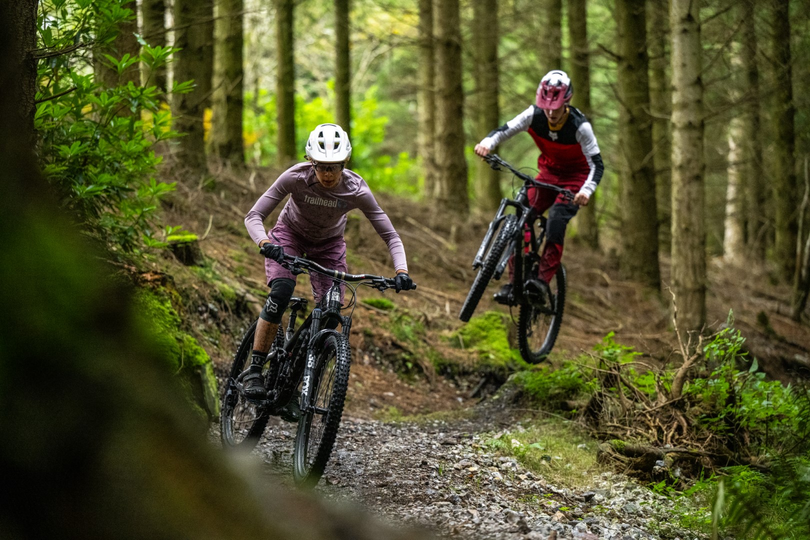 Two mountain bike riders on a technical singletrack forest trail