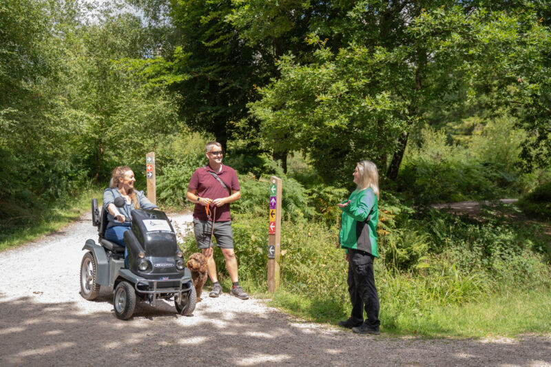 A dog walker and mobility scooter user chat to a forest ranger.