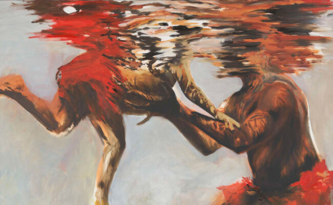 Detail from artwork showing two figures under water