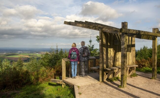 A couple stand under a wooden shelter looking at a far-reaching view