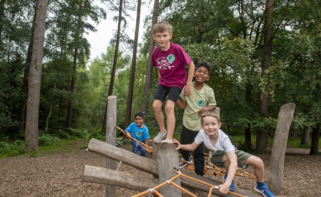 Children playing on a wooden play structure