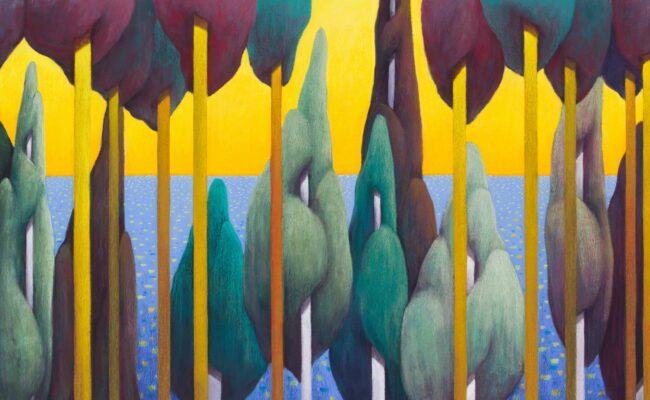 Part of a painting which is bright yellow, green, blue and dark purple showing a forest in a surreal style