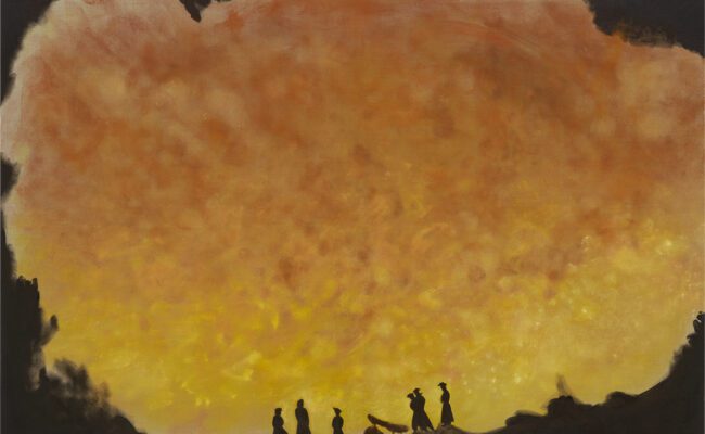 'Inferno' by artist Caragh Thuring. A large yellow painting with sillouhetted figures in the foreground
