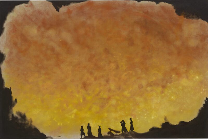 'Inferno' by artist Caragh Thuring. A large yellow painting with sillouhetted figures in the foreground