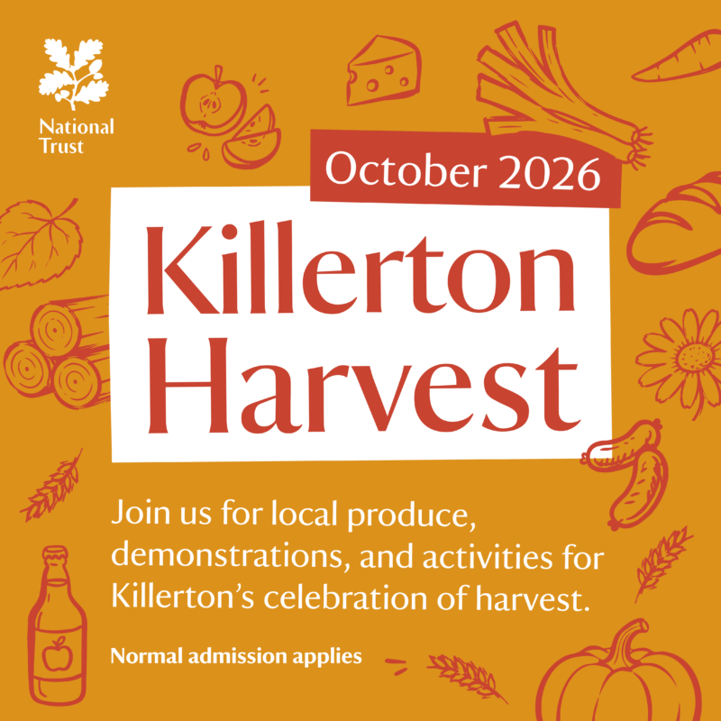 A poster showcasing Killerton Harvest with the words: Join us for local produce, demonstrations, and activities for Killerton's celebration of harvest.