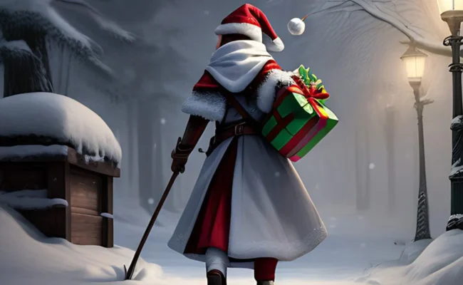 Graphic showing Santa walking in a snowy street