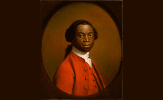 an oil painting of a Black man in an 18th century red suit