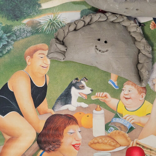 Air-dried clay pasty on top of a Beryl Cook print