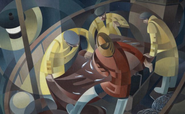 A painting in tones of blue, orange and yellow showing three fishermen bringing in their catch