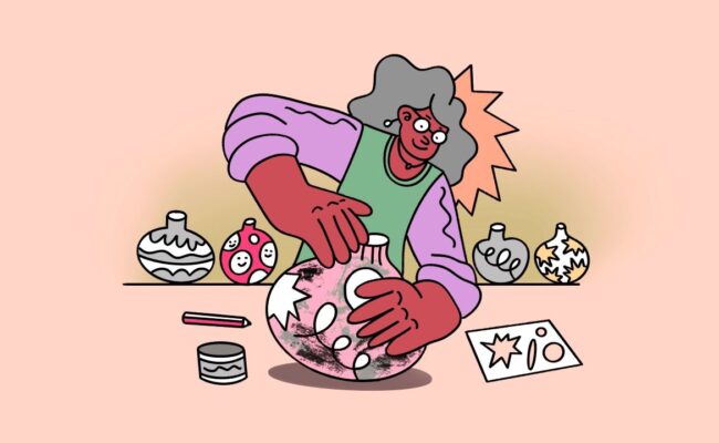a stylised cartoon illustration of a woman making a ceramic vase