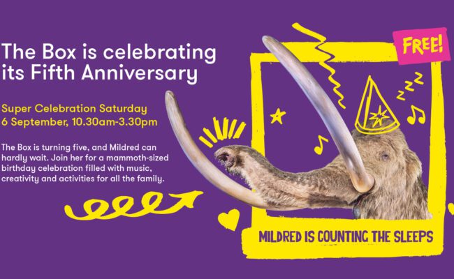 Graphic with Mildred the Mammoth wearing a party