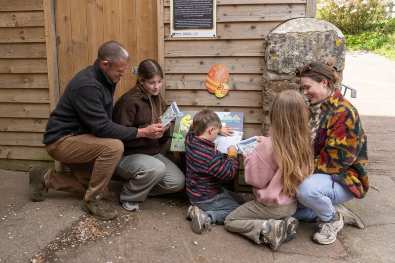 from left to right, dad, three children and mum bent down at a trail board, whilst son does nature rubbing on trail sheet.