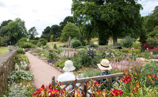 Visitors sat on a bench in the garden