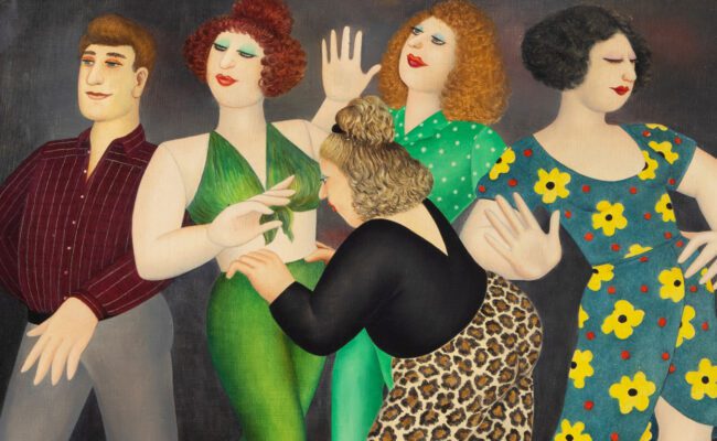 A woman in a black top and leopard print trousers checks a mannequin in a green outfit