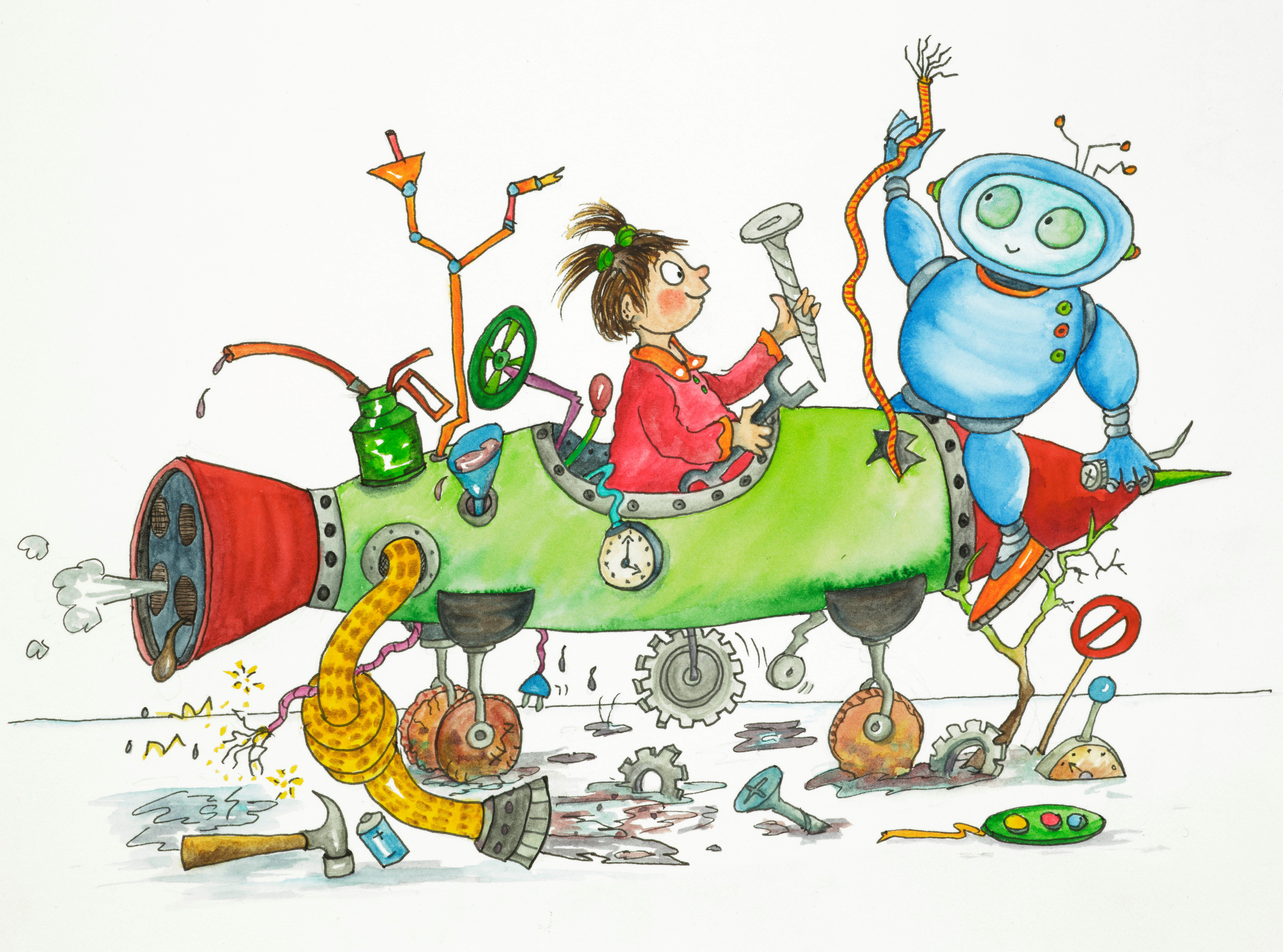 a fun, stylised illustration of a young girl working on a rocket with her friend, a robot