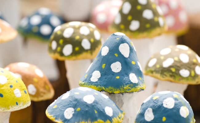 colorful mushrooms crafted out of cardboard. the mushrooms are mostly blue and green in colour with whit spots on the mushroom caps.